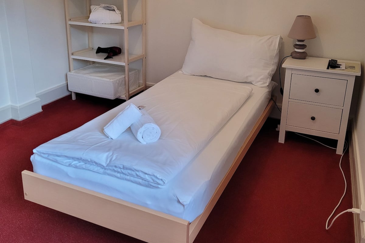 Een enkel bed met een witte matras en kussens, een houten garderobe met planken, een nachtkastje met een lamp, en een rode vloerbedekking.
