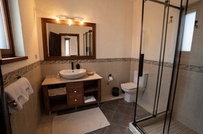 A bathroom with a sink, mirror, toilet, and shower. - Sedirli Ev Alacati (Cesme)