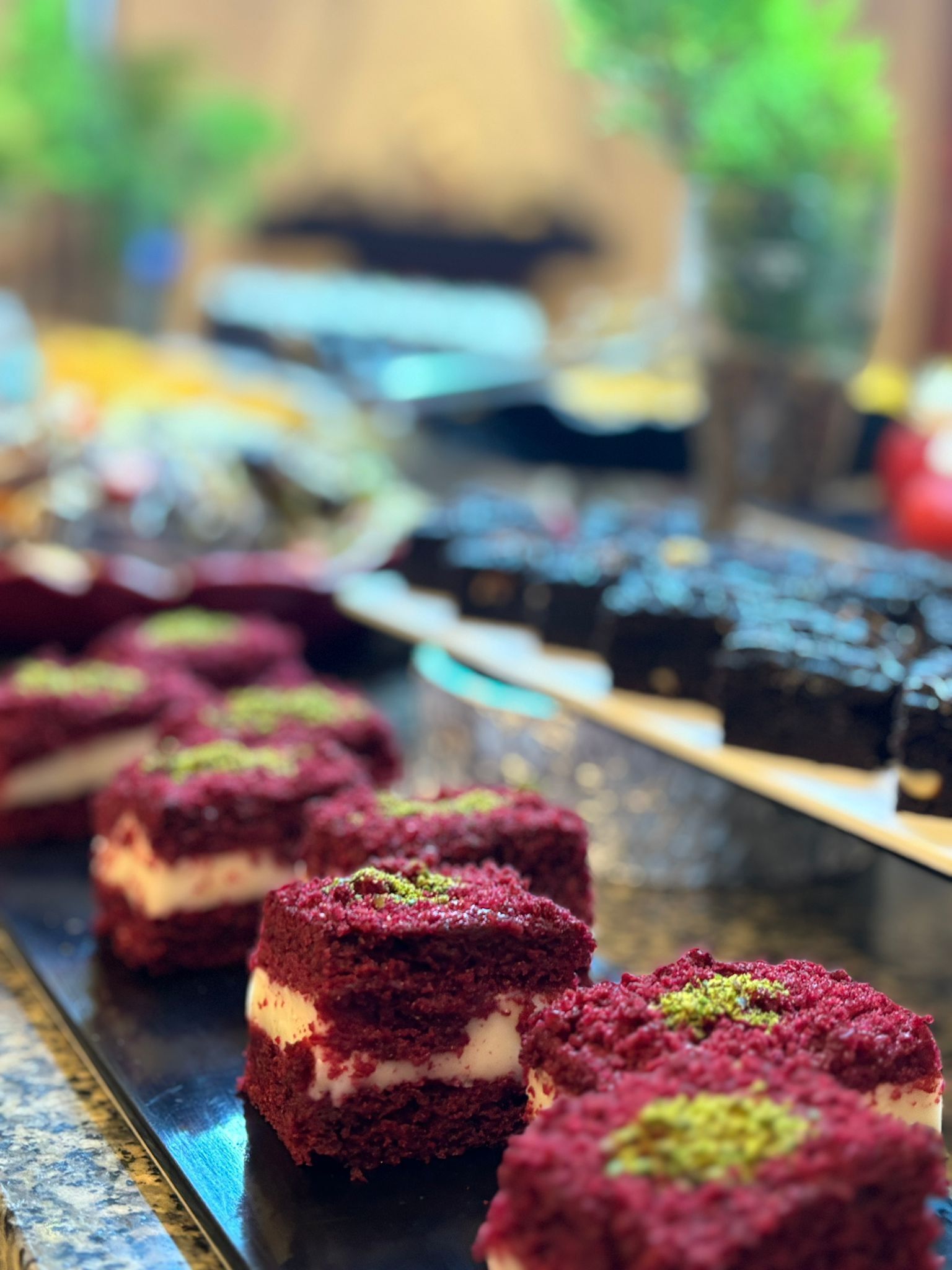 A dessert tray with various types of cakes and pastries.