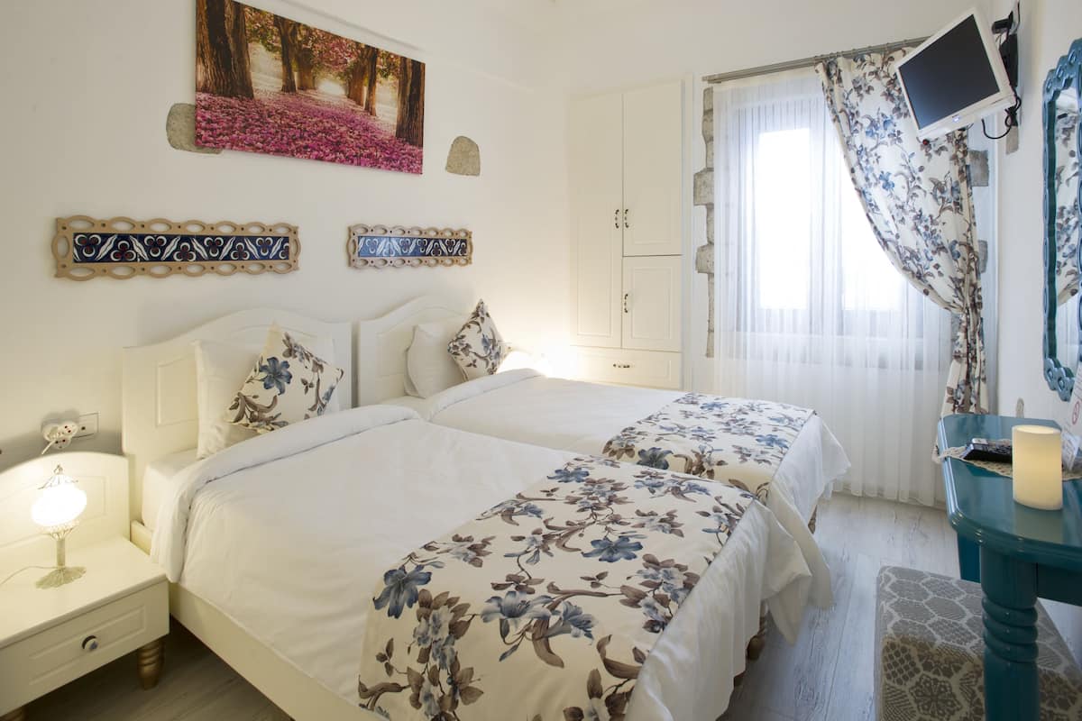 Un dormitorio con dos camas, una mesita de noche con lámpara, un televisor montado en la pared y una ventana con cortinas.