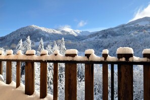 A wooden fence with snow-covered posts and a view of snow-covered trees and mountains in the background. - Le Griou (Saint-Jacques-des-Blats)