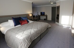 Una habitación de hotel con una cama grande, un escritorio con televisor y un espejo.