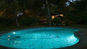A swimming pool with a curved edge, surrounded by trees and a small building in the background. - Palmeiras Lodge (Vilanculos)