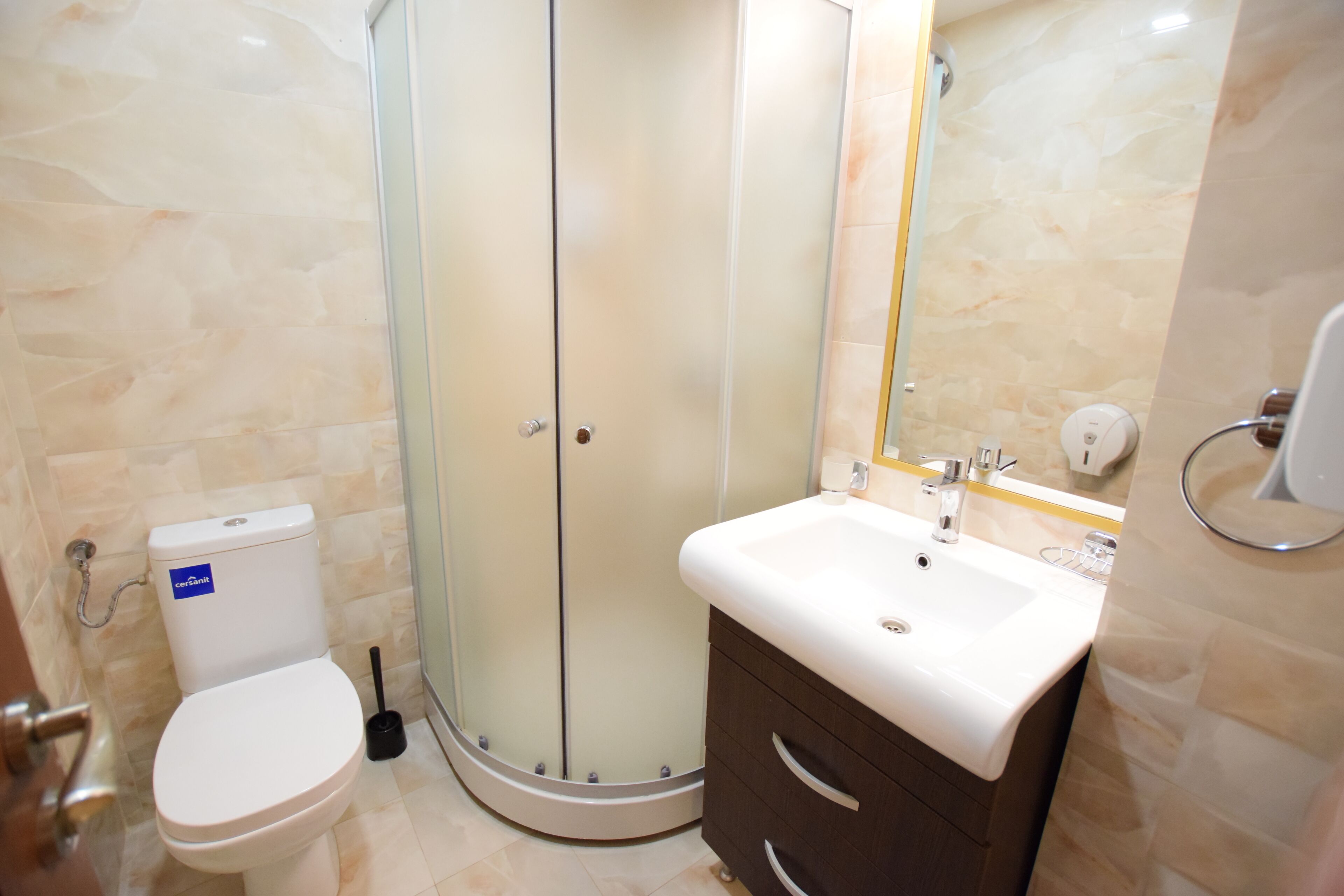 A modern bathroom with a toilet, a shower enclosure, a sink, and a mirror.