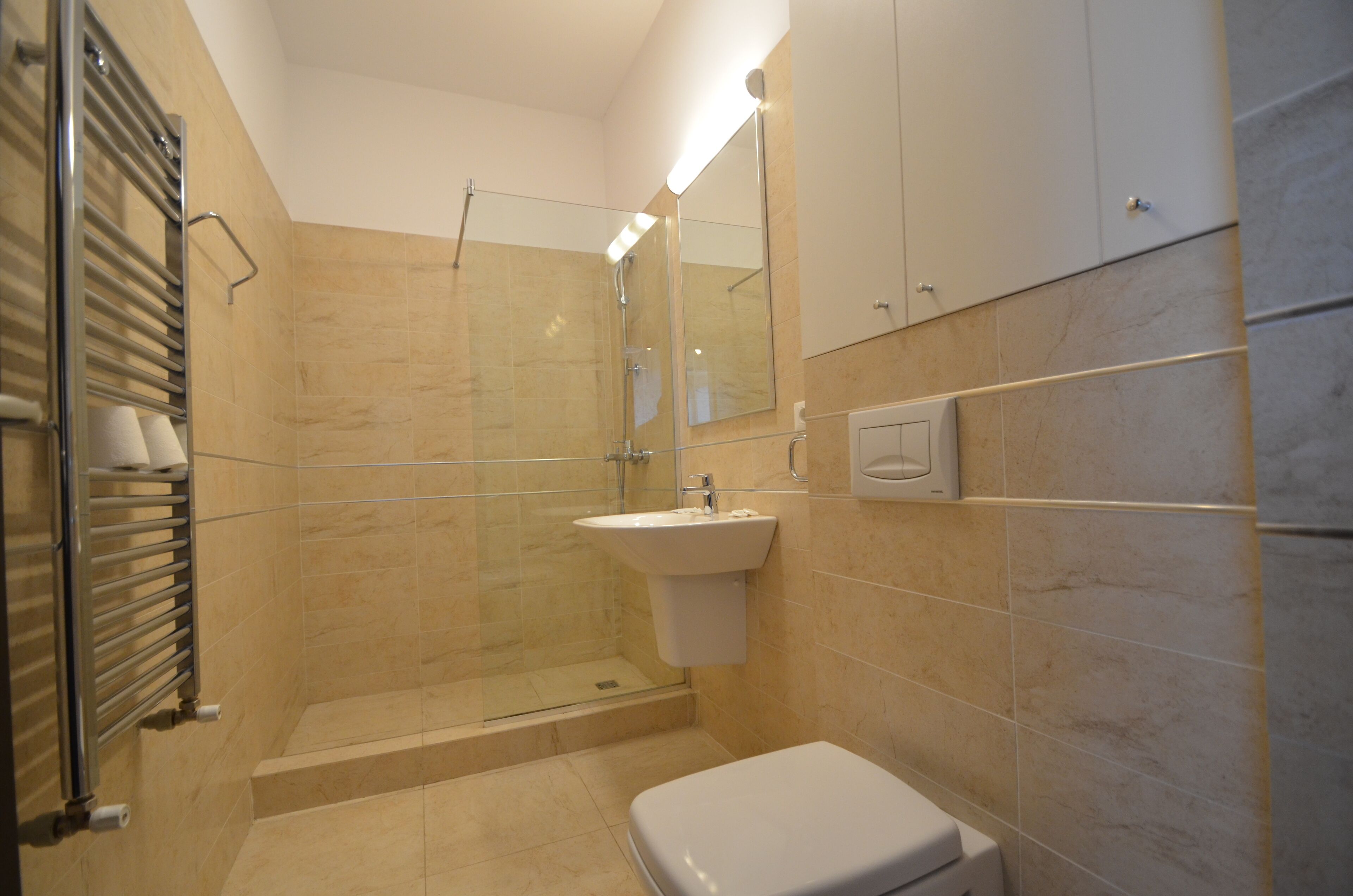A modern bathroom with a glass-enclosed shower, a white sink, and a toilet.