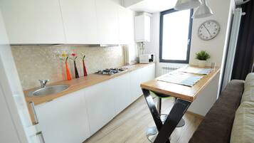 Studio 58 with balcony | Private kitchenette | Fridge, microwave, stovetop, coffee/tea maker