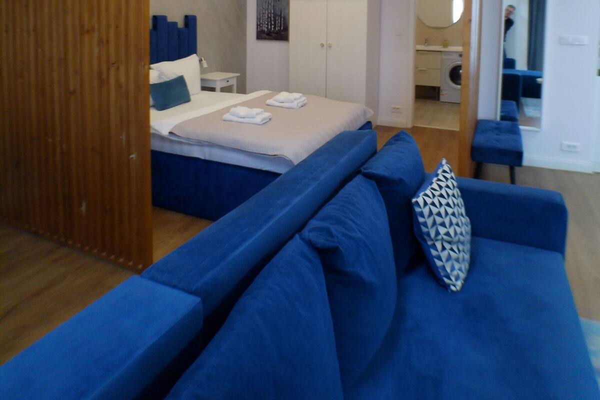 Un dormitorio moderno con una cama grande, un sofá azul y un separador de madera.
