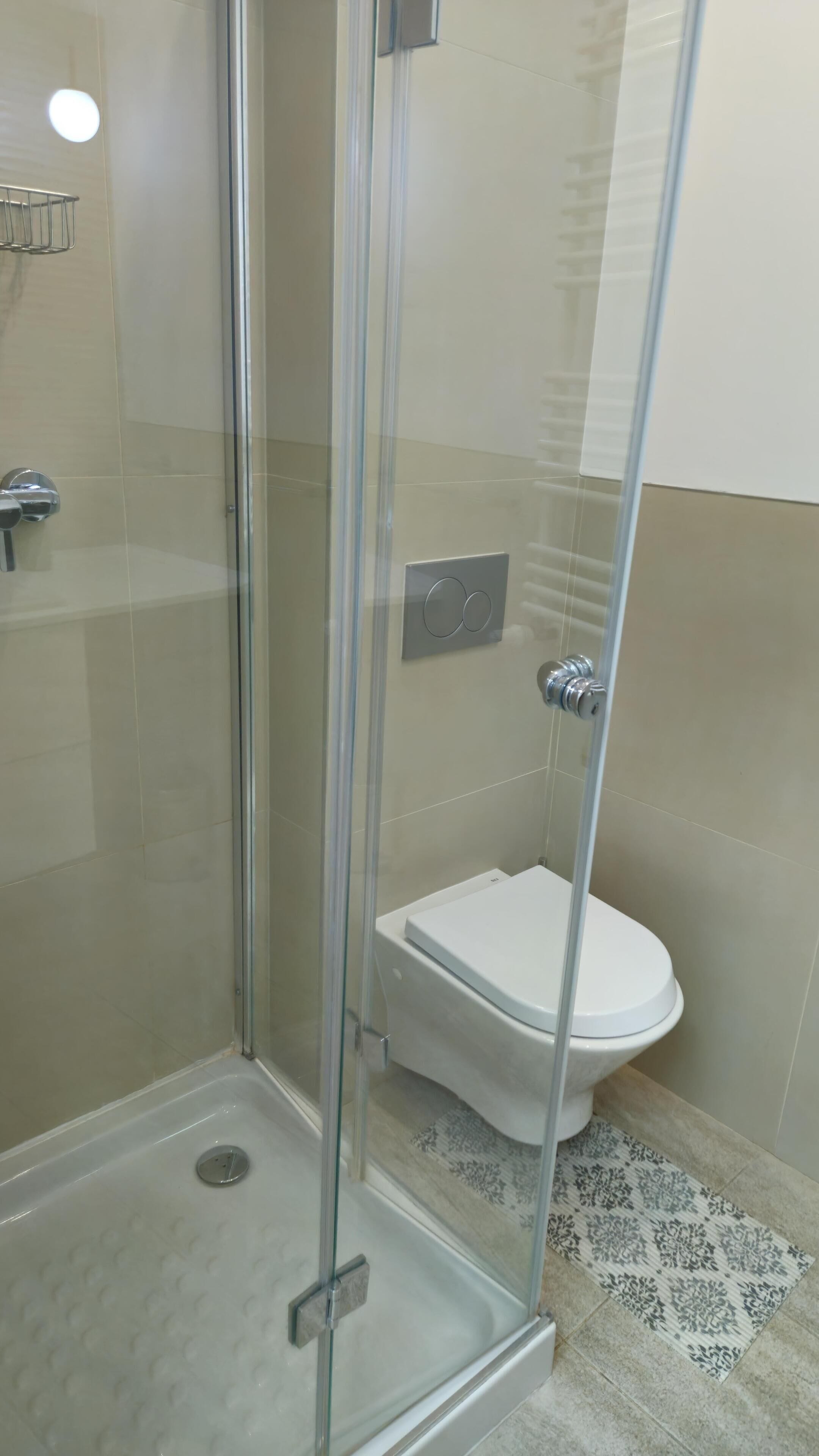 Ducha con cerramiento de vidrio, inodoro blanco y un estante pequeño.