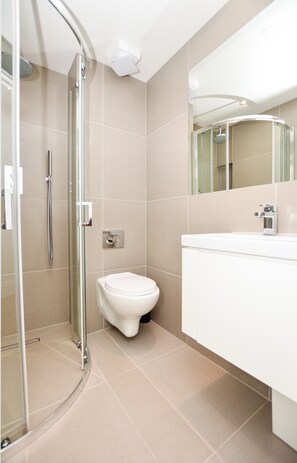 Features a glass-enclosed shower, white toilet, and large mirror above a sink.