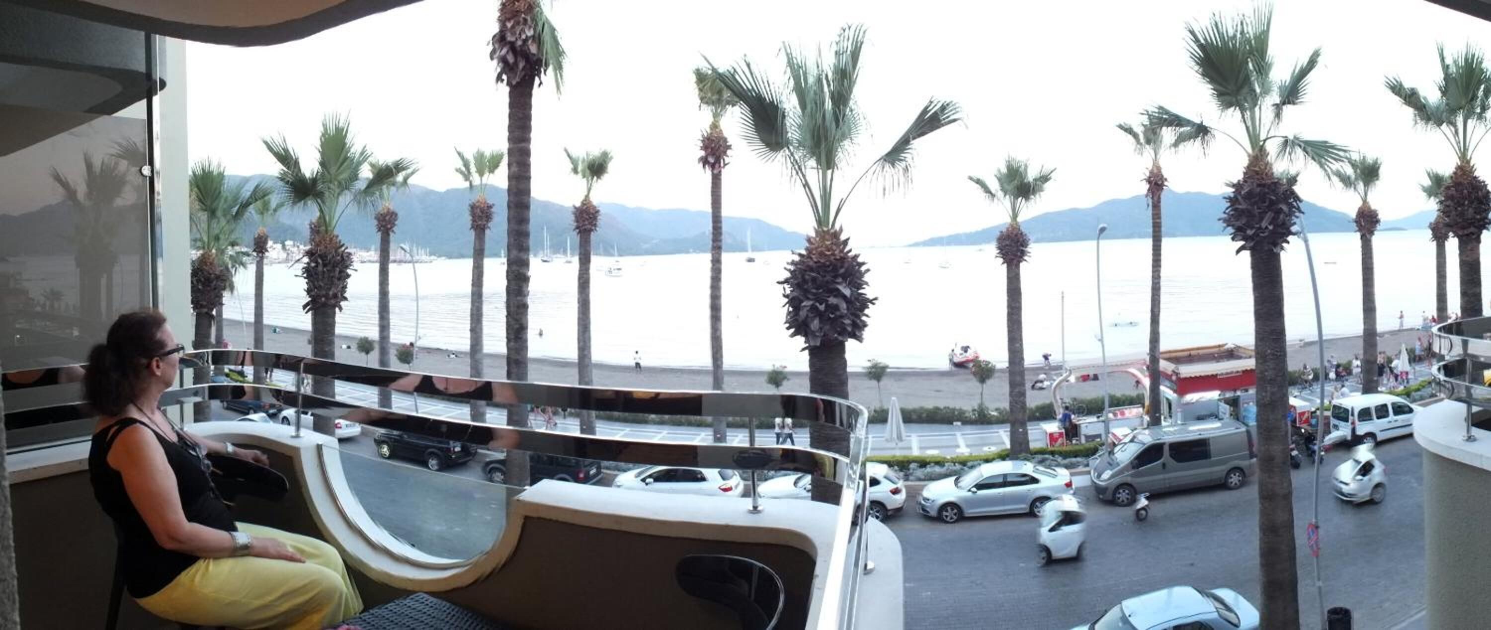 A balcony with a view of a beach and palm trees.