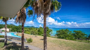 A pool area with a curved design, surrounded by palm trees and a view of the ocean. - Karibea Sainte Luce hotel (Sainte-Luce)