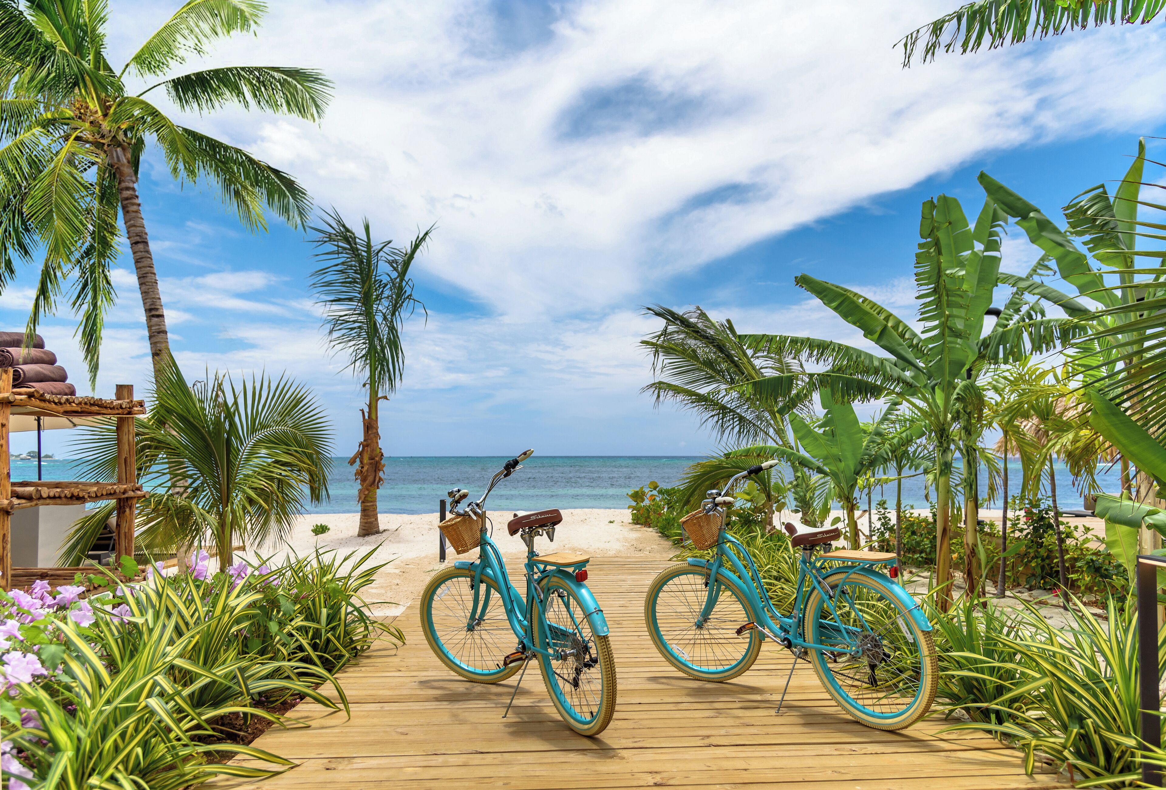 A wooden deck with two bicycles and a beach view.