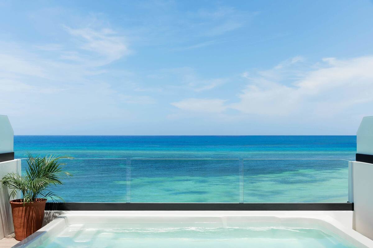 Ein Balkon mit Meerblick, einer Whirlwanne und einem Blumentopf.