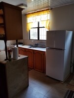 Full-sized fridge, microwave, coffee/tea maker, electric kettle