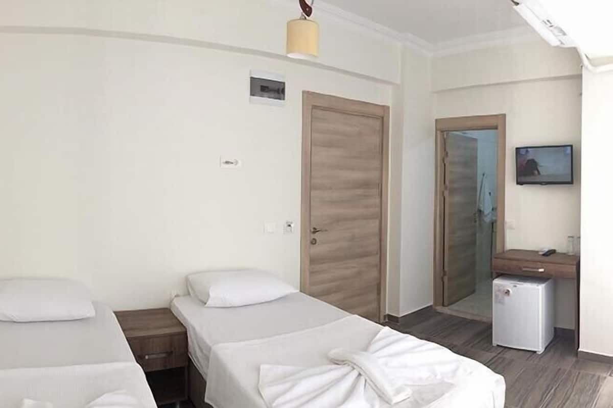 A hotel room with two single beds, a small desk with a computer, a television, and a door.