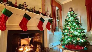 Ein gemütliches Wohnzimmer mit Kamin, Weihnachtsbaum und Adventsgeschmücktem Kaminvorsatz.