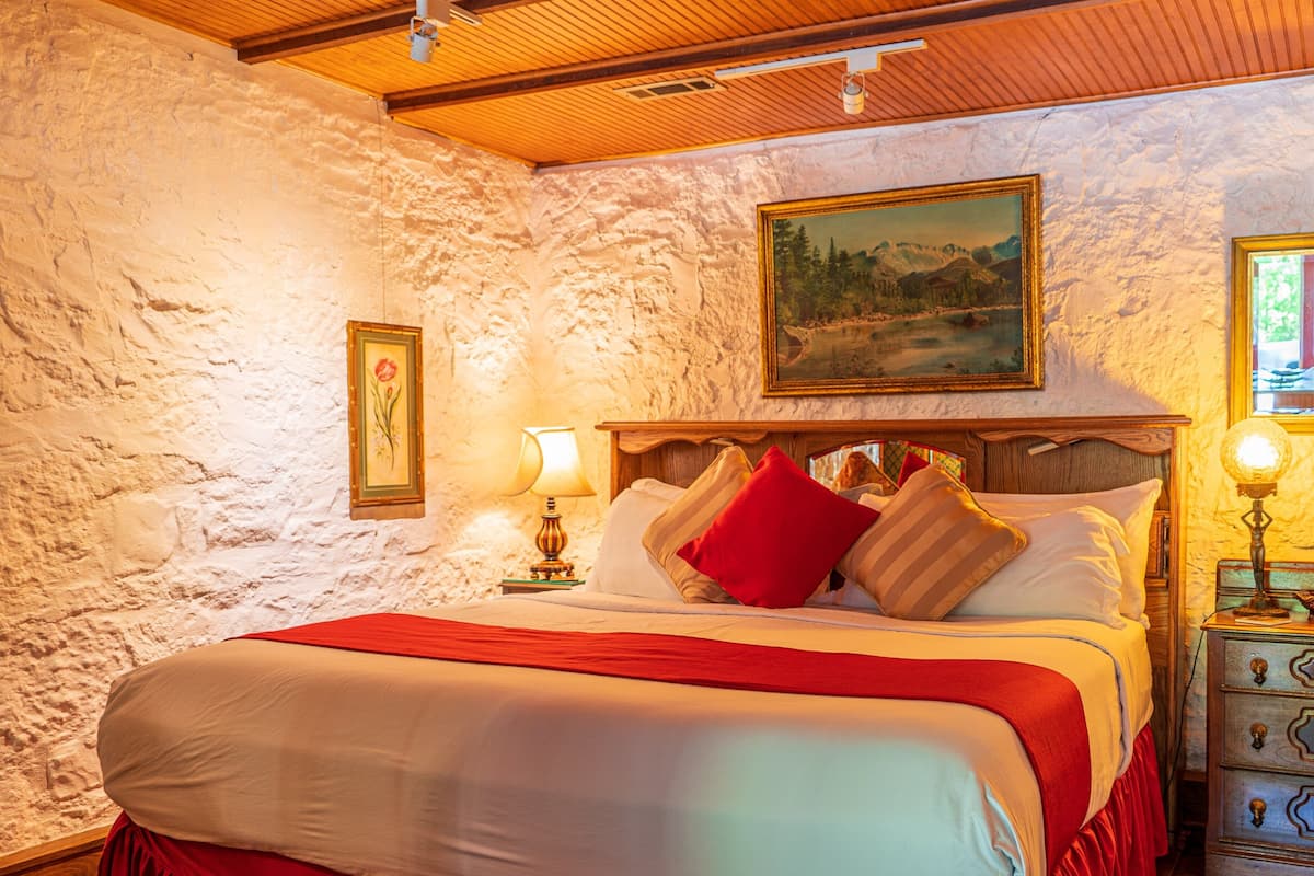 Un dormitorio con pared de piedra, una cama con ropa de cama roja, un cuadro sobre la cama y una mesita de noche con lámpara.