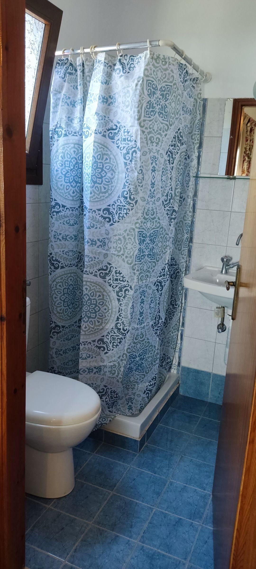 Een badkamer met douchegordijn, toilet en wastafel.