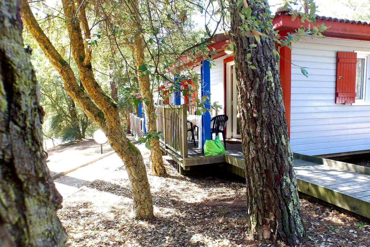 Eine kleine Holzhütte mit Veranda, umgeben von Bäumen.