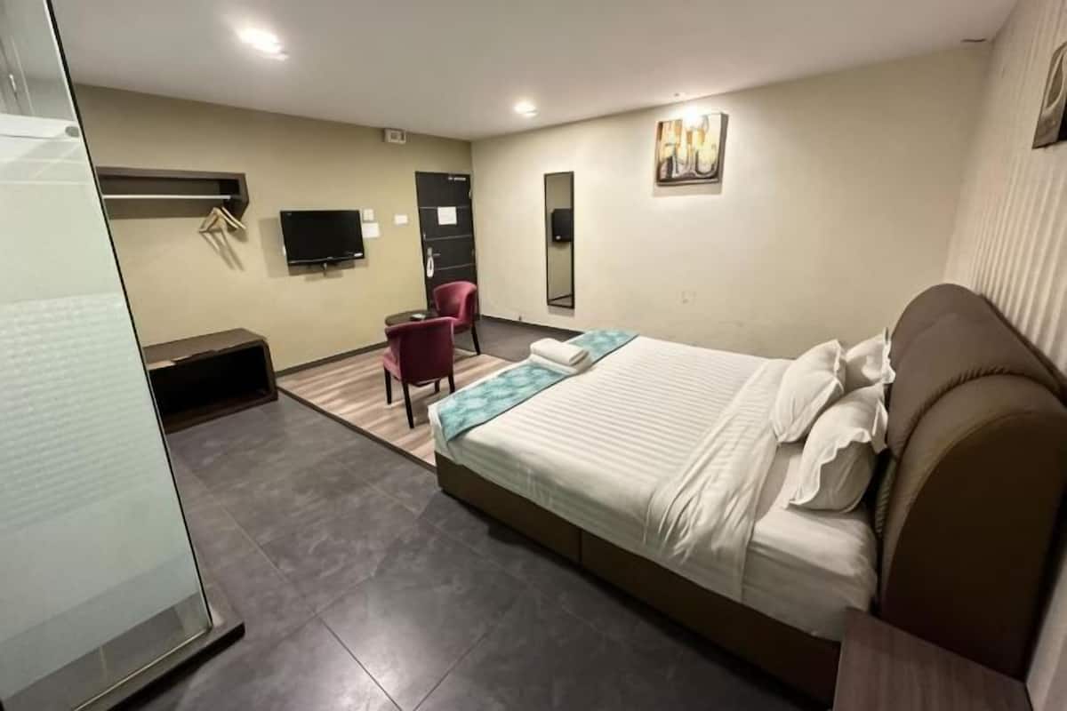 A hotel room with a bed, a desk, a chair, a television, and a mirror.