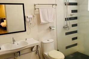 A bathroom with a sink, toilet, and glass shower enclosure.