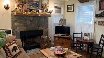 Älytelevisio, takka, DVD-soitin, kirjoja