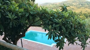 A swimming pool surrounded by lush greenery and a hilly landscape in the background.