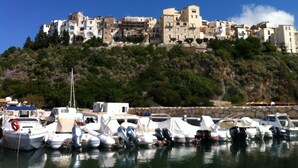 A coastal town with buildings on a hillside, boats docked in the foreground, and a clear blue sky.
