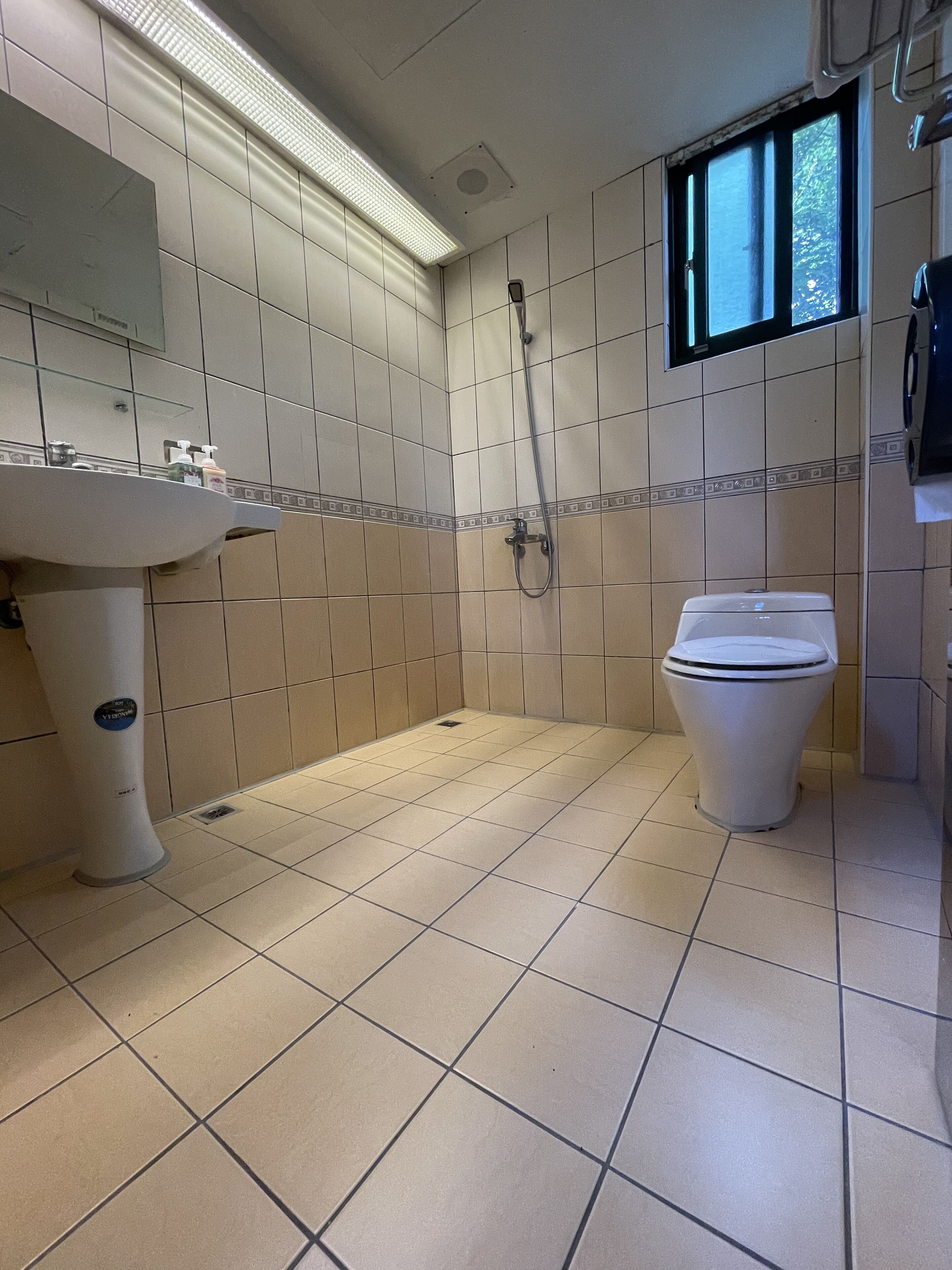 A bathroom with a sink, toilet, and shower.