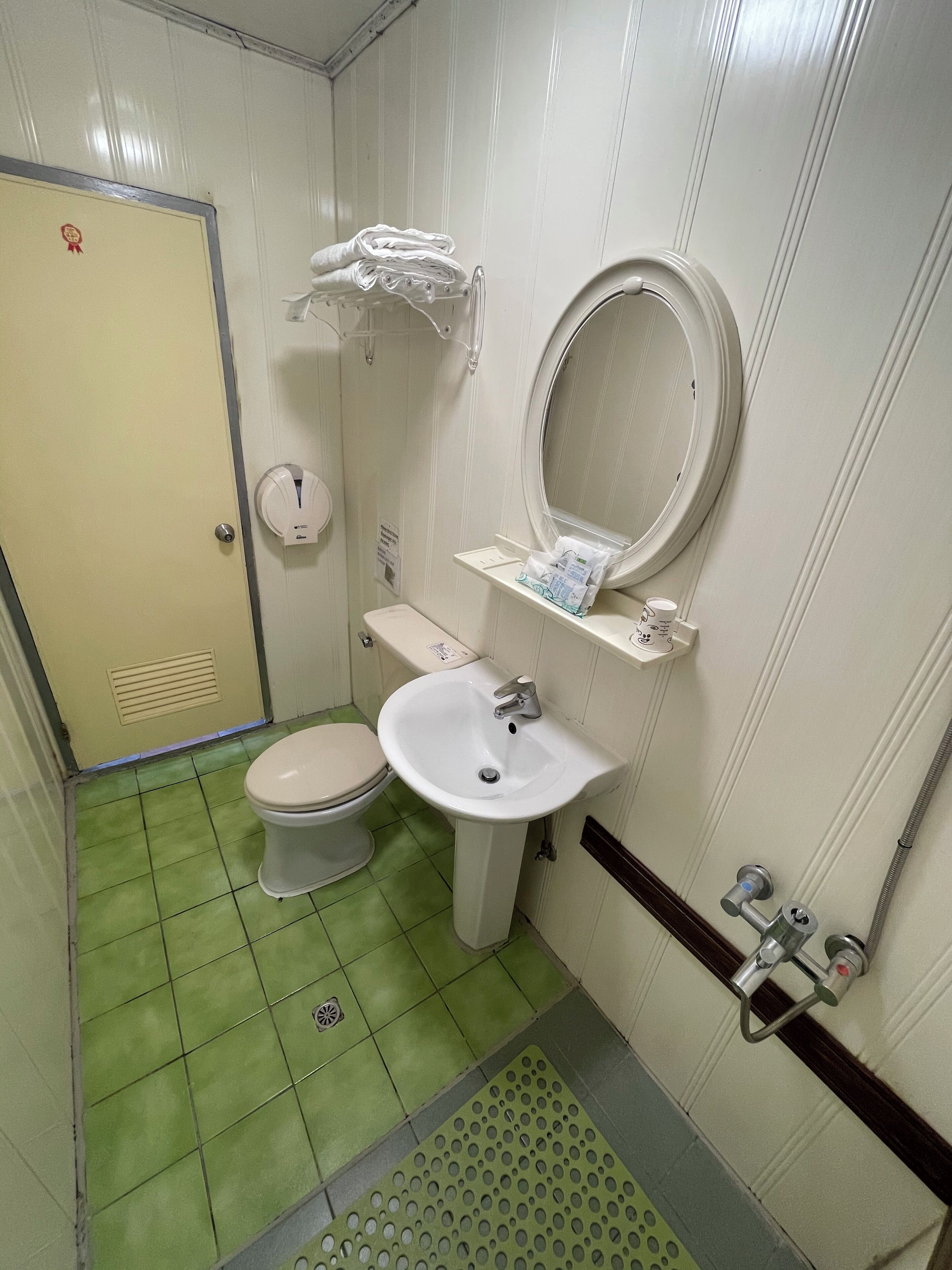 Ein kleines Badezimmer mit Toilette, Waschbecken und Spiegel. Über dem Waschbecken befindet sich ein Handtuchhalter und eine Duschbrause an der Wand.