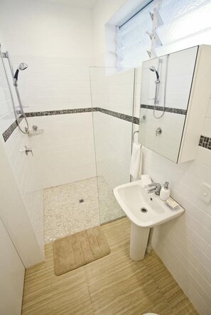 Studio Beachfront Villa 2 | Bathroom | Shower, free toiletries, hair dryer, towels