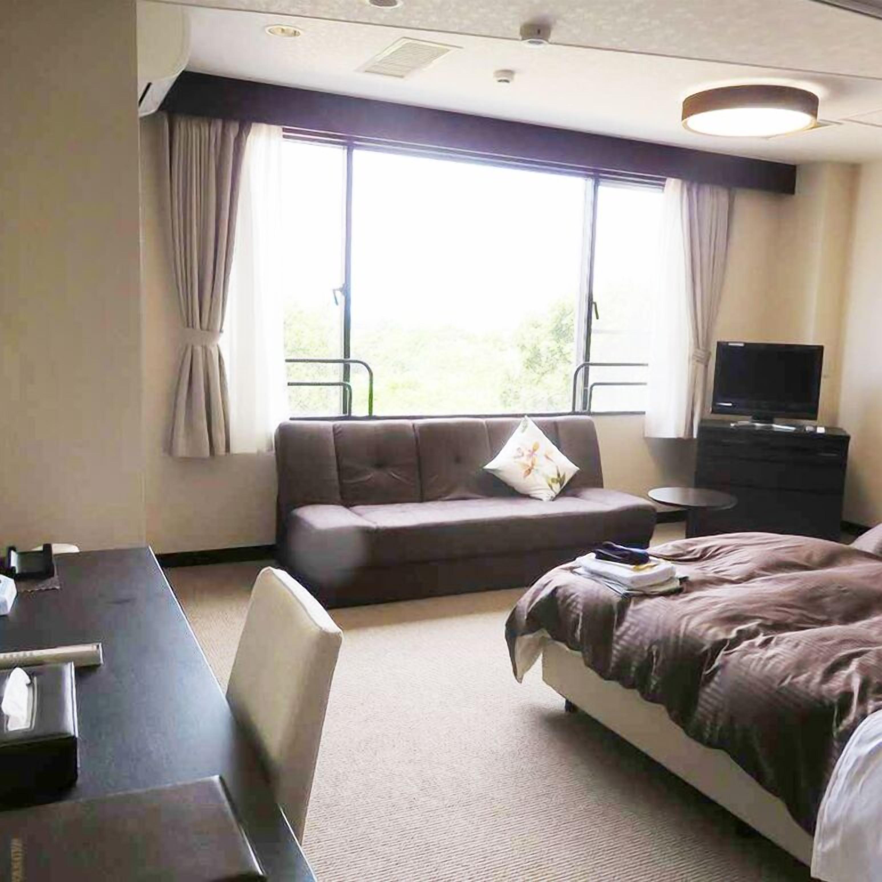 A hotel room with a sofa, a bed, a TV, and a desk.