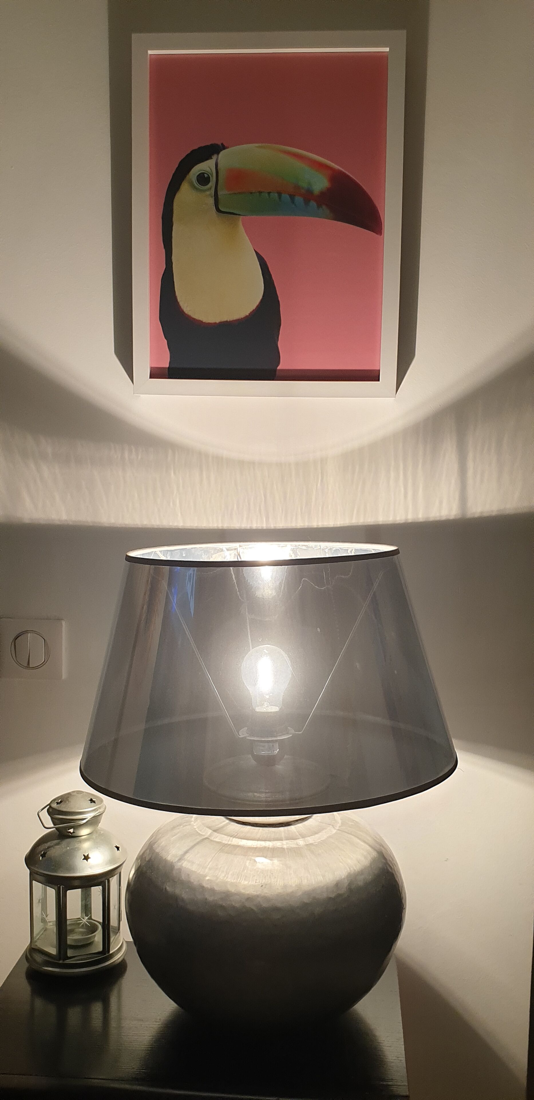 Eine Lampe mit einem klaren Lampenschirm auf einem Tisch, daneben ein kleiner Laternen und ein gerahmtes Bild von einem Tukan an der Wand.