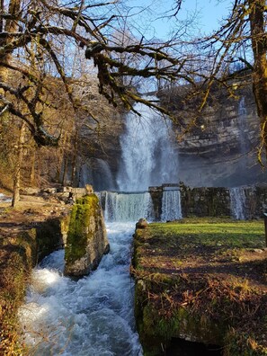 A waterfall cascading over moss-covered rocks, surrounded by bare trees and a stone wall.