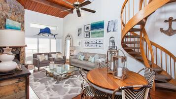 Älytelevisio, takka, kirjoja, musiikkikirjasto