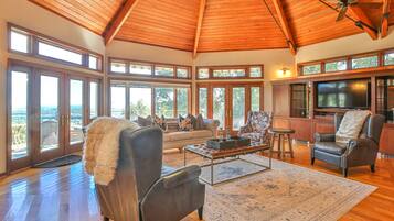 Smart TV, fireplace, books