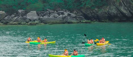 A group of people kayaking on a calm body of water with a rocky shoreline in the background.