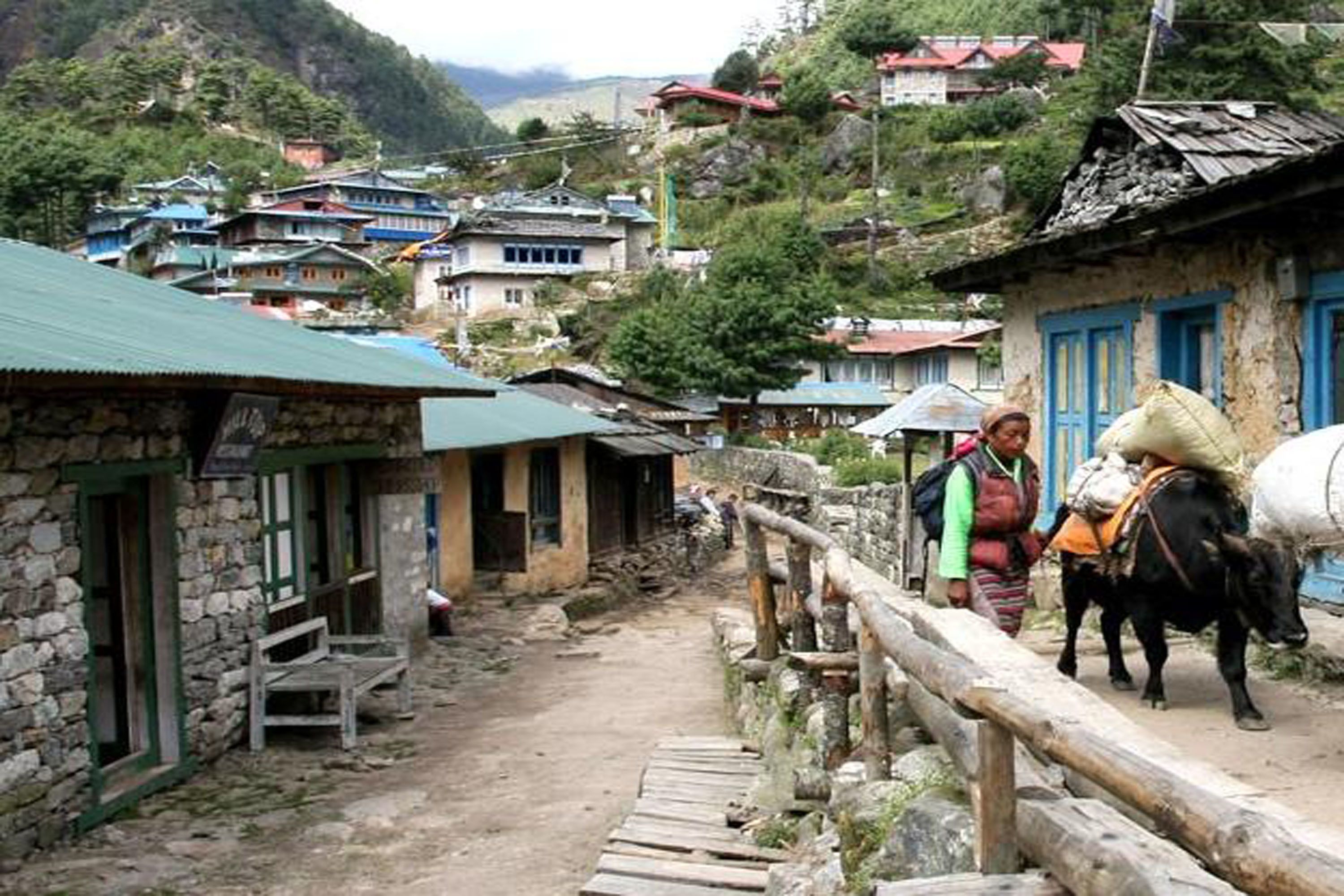 A rural village with stone houses, a wooden fence, and a path.