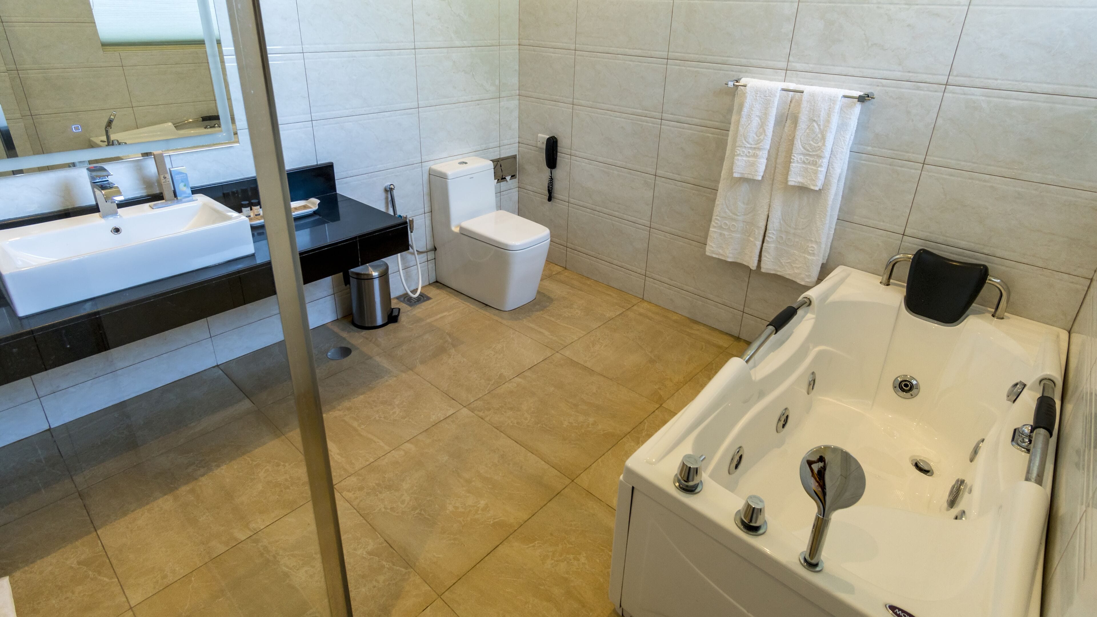 A modern bathroom with a large bathtub, a sink, and a toilet.