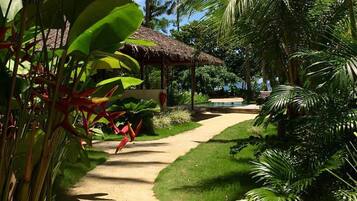 A tropical garden path leading to a thatched-roof structure with a pool in the background.