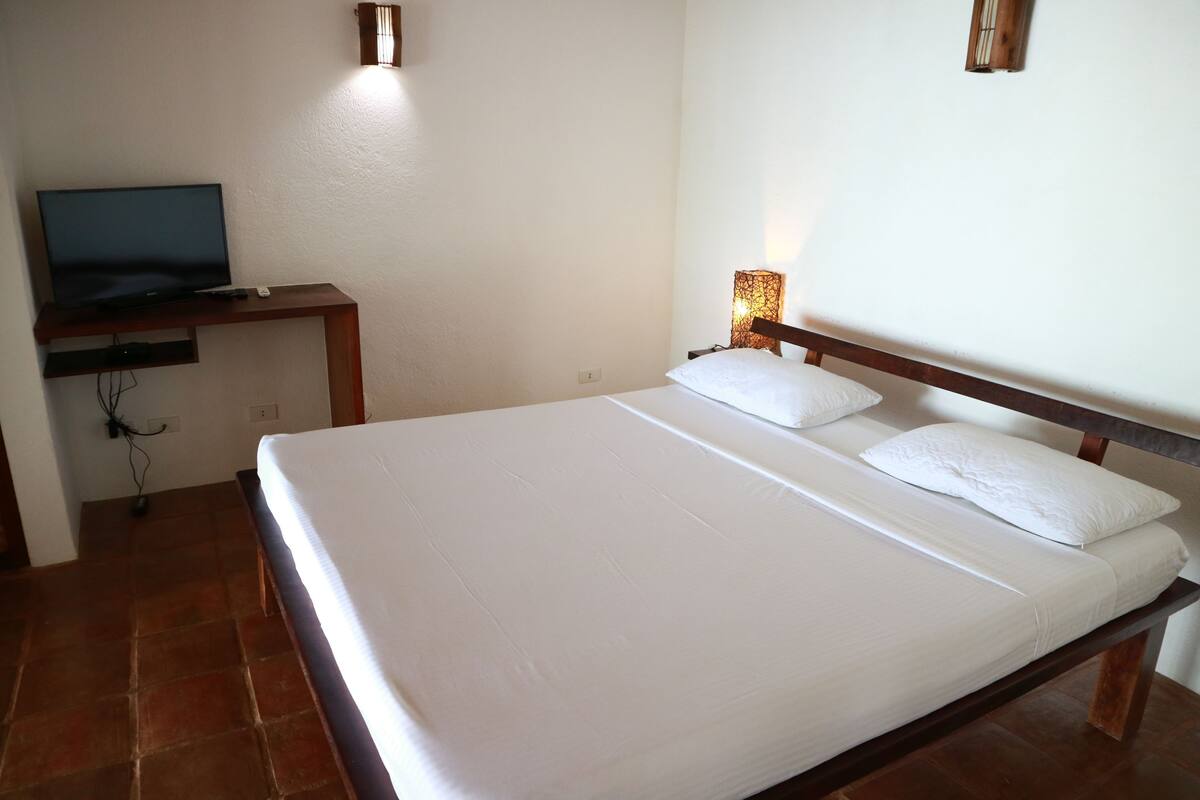 A neatly made bed with white linens, a television on a wooden stand, and a wall-mounted lamp.