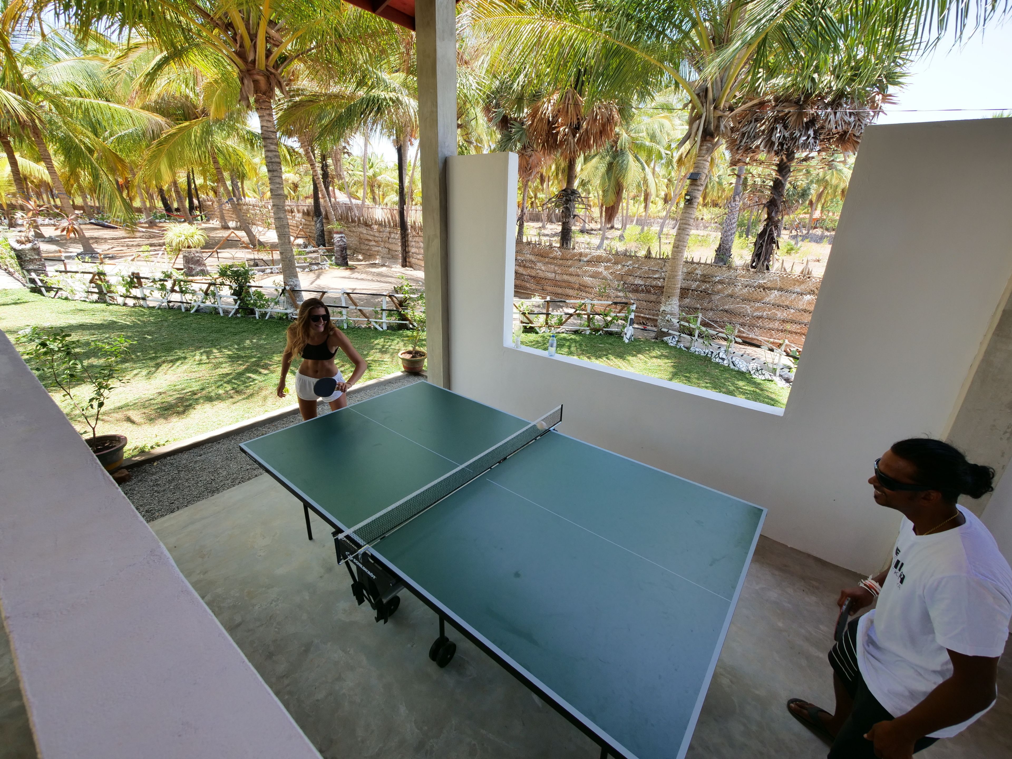 A ping pong table in a room with a view of a garden with palm trees.