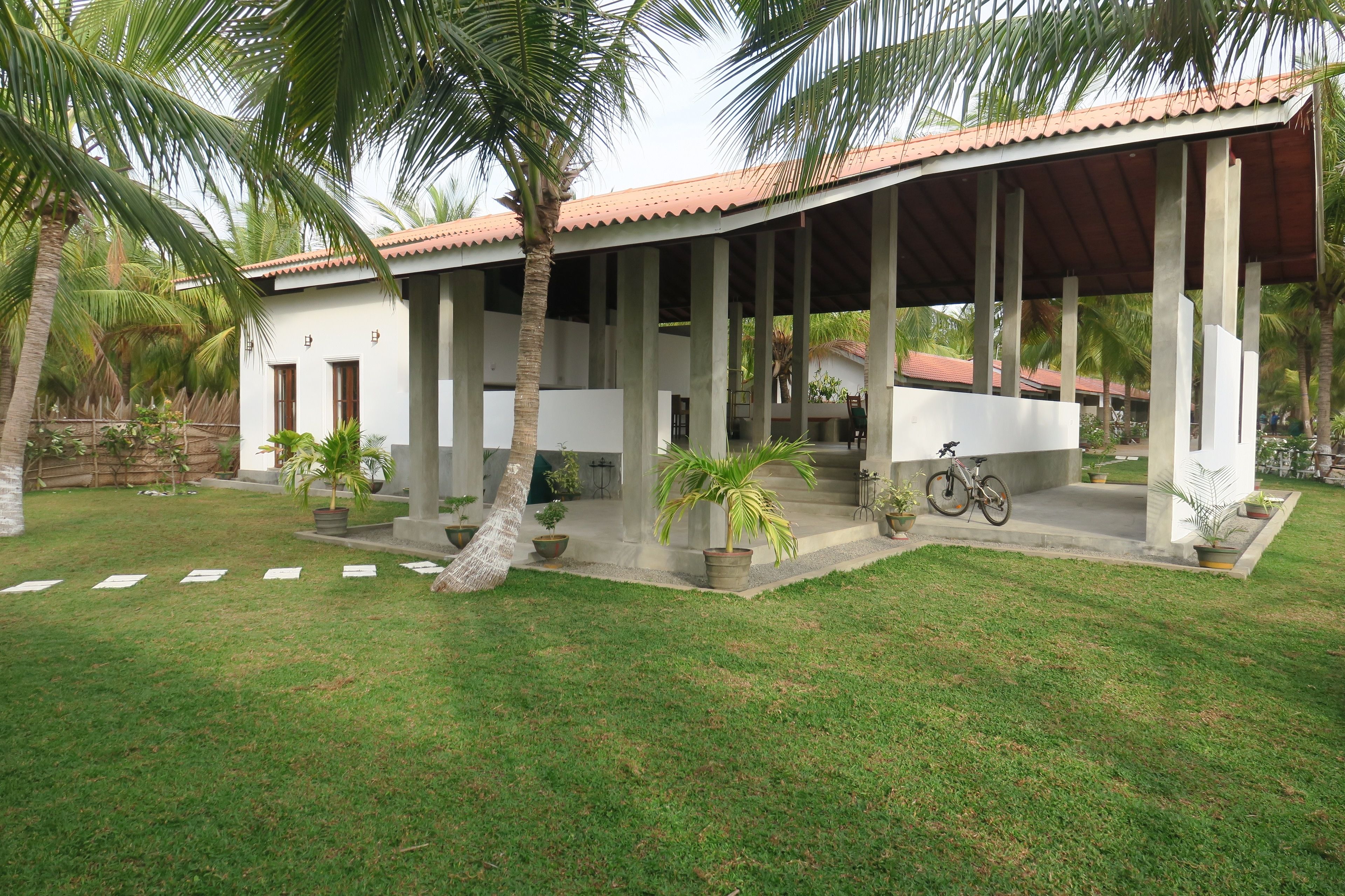 A covered outdoor area with a white building, palm trees, and a bicycle.