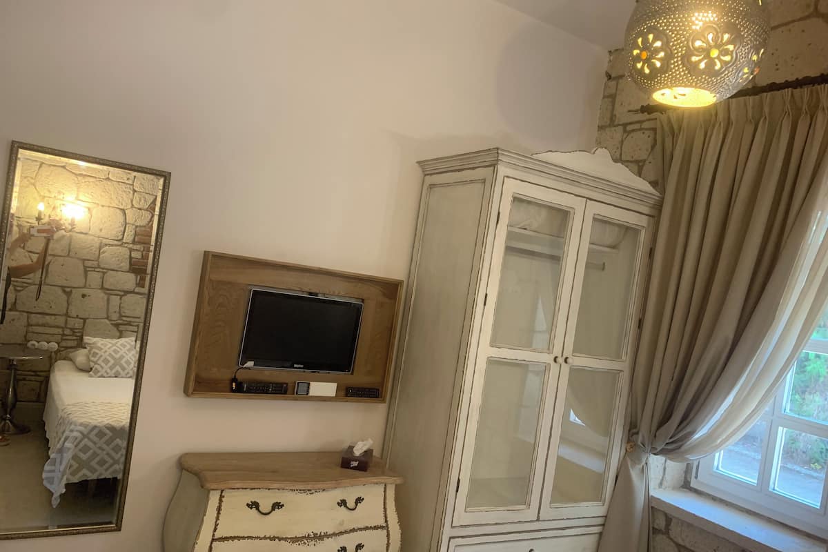 Un dormitorio con pared de piedra, una cama con cojín estampado, un televisor sobre una estantería de madera, un armario blanco con puertas de cristal y una ventana con cortinas.