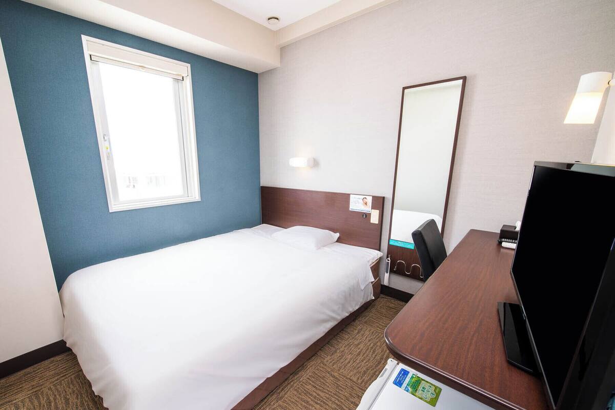 Une chambre d’hôtel avec un lit simple, un bureau avec une télévision, un miroir et une fenêtre.