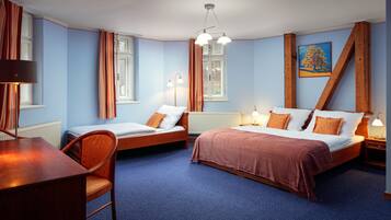 Premium bedding, laptop workspace, blackout curtains, iron/ironing board