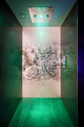 Un ascenseur moderne avec un éclairage vert au sol et un luminaire fixé au mur.