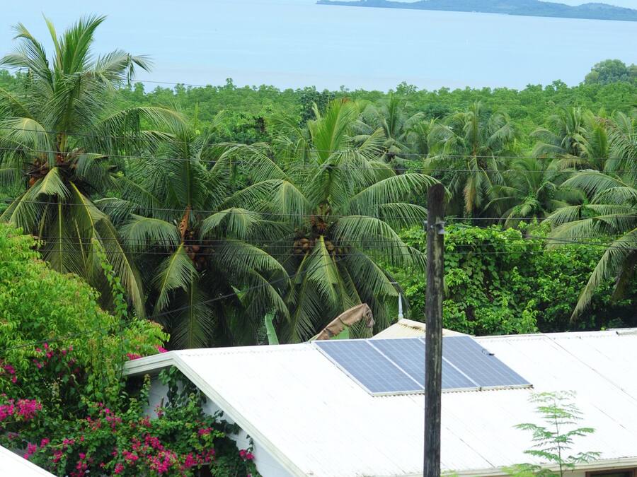 A house with a solar panel, surrounded by lush greenery and palm trees.