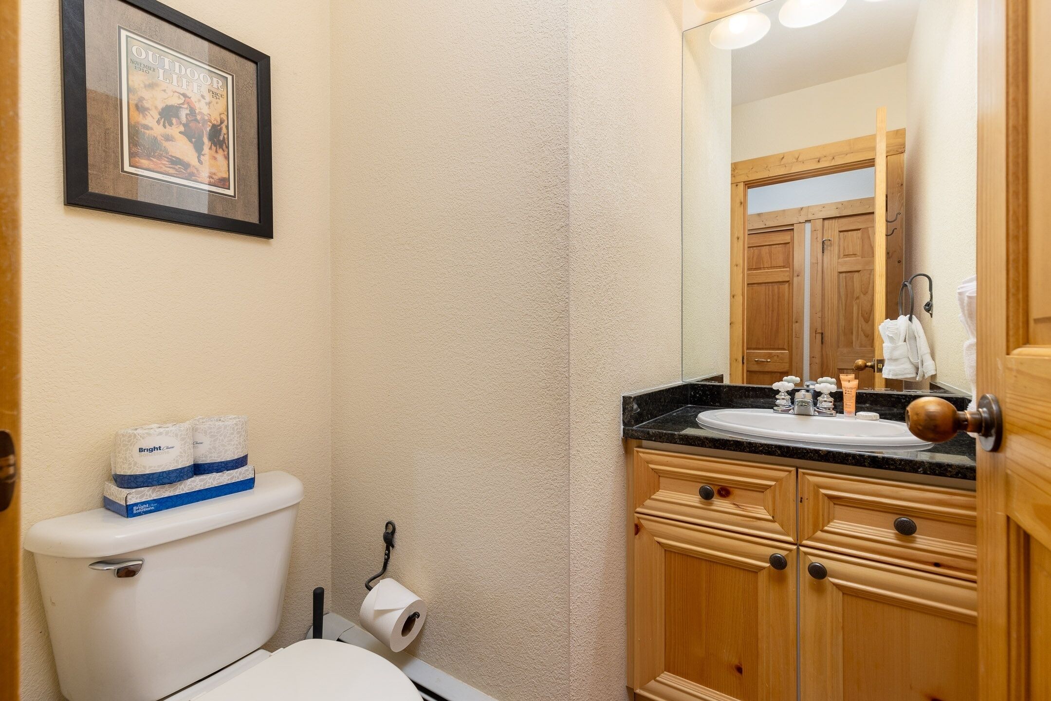 Un baño con inodoro, lavabo, armarios de madera y un cuadro en la pared.