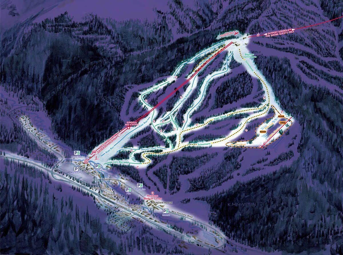 A ski resort layout with marked trails, gondola station, parking areas, and key facilities like the lift station and mountain hut.